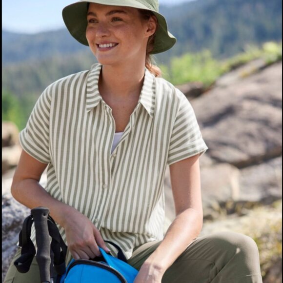 L.L. Bean Shirt Womens Medium Striped Button Front Tencel Mountainside Thyme - Picture 16 of 16